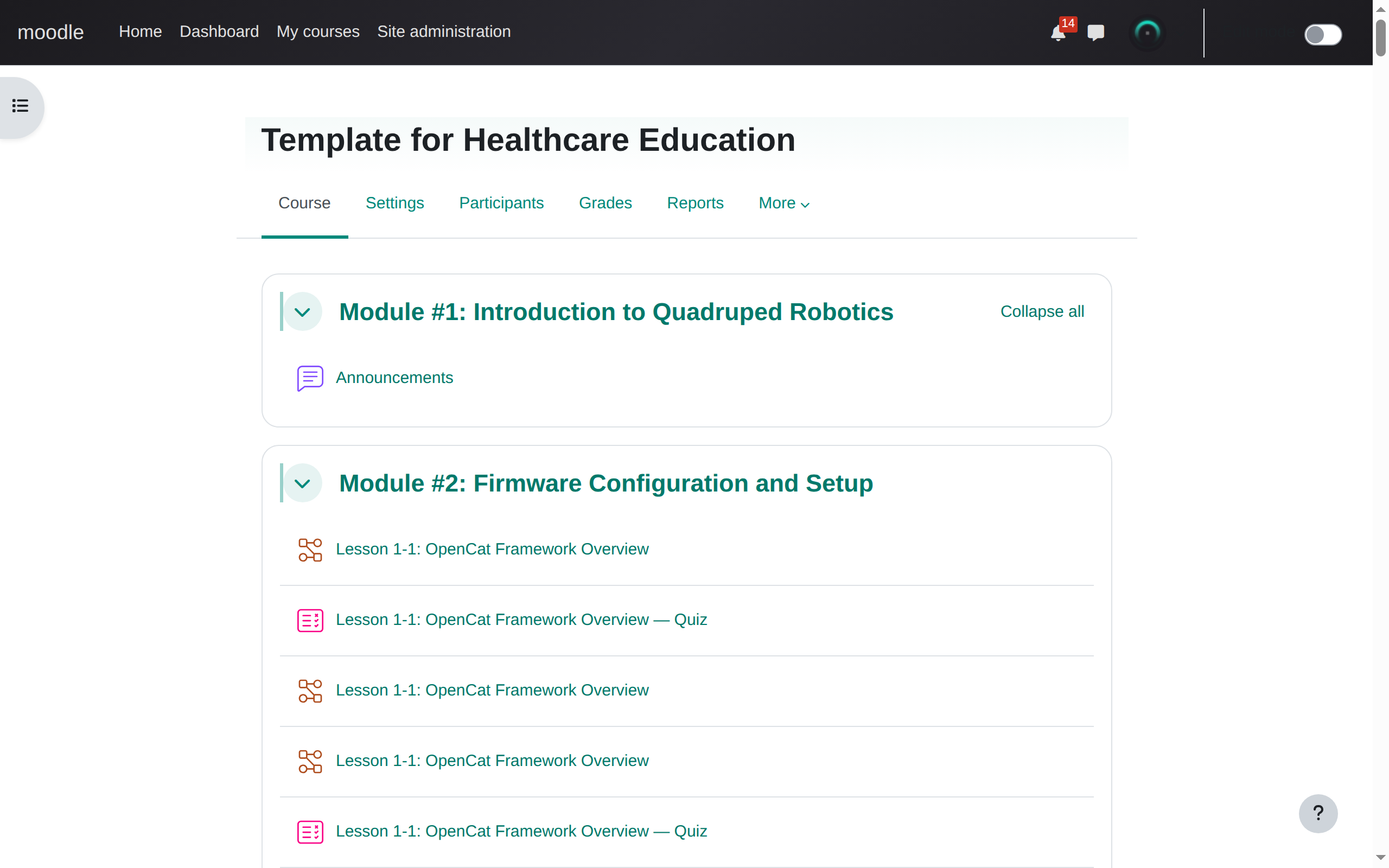 Empty moodle course showing only General section and blank New Section placeholders with no activities