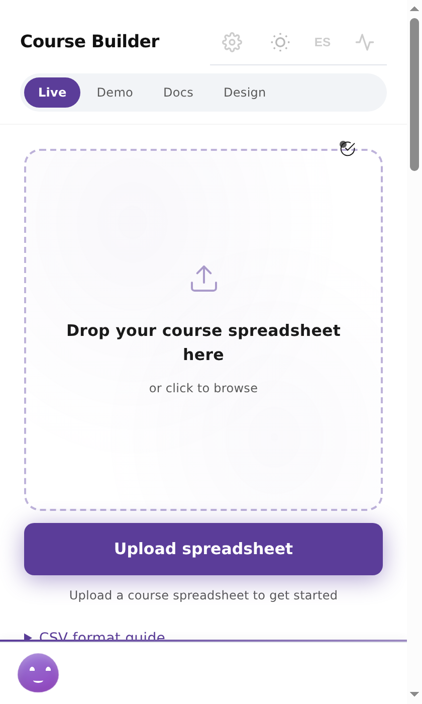 CSV parsed showing modules, lessons, and questions with type breakdown